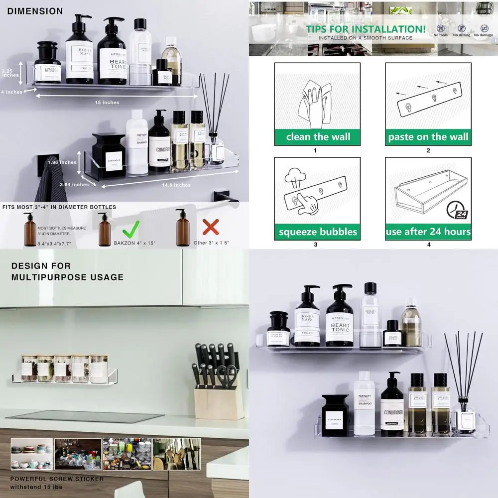 

2-Piece Acrylic Shower Shelf Set, Self-Stick Organizer for Bathroom Wall and Shower Storage Solutions