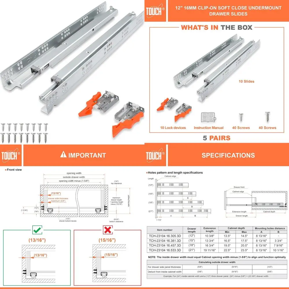 

Undermount Drawer Slides with Self-Soft Close, 5 Pairs, 12 Inch for 1/2 and 5/8 Inch Side Panels, Kitchen Concealed Drawer Syste