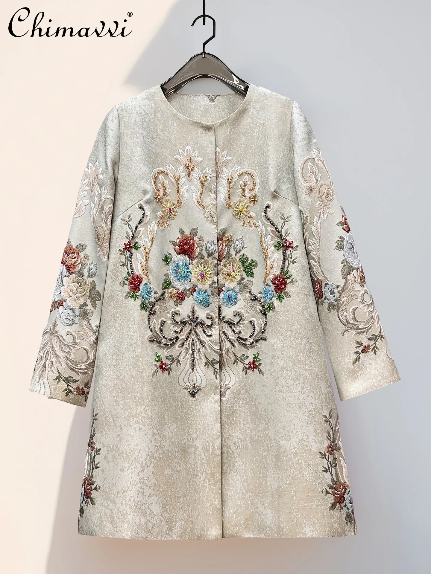 

French Elegant Fashion Jacquard Beaded Embroidery Round Neck Long Sleeve Single-Breasted Long Trench Coat for Women Spring 2026