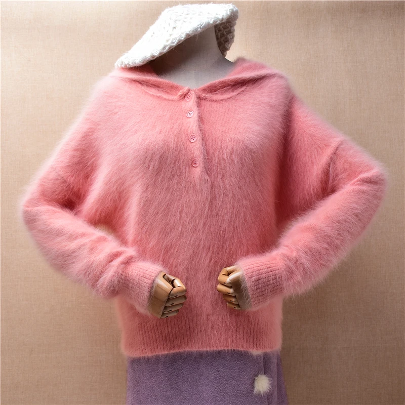 

Ladies Women Fall Winter Sweet Pink Hairy Mink Cashmere Knitted Hoodie Long Sleeves Loose Pullover Angora Sweater Jumper Pull