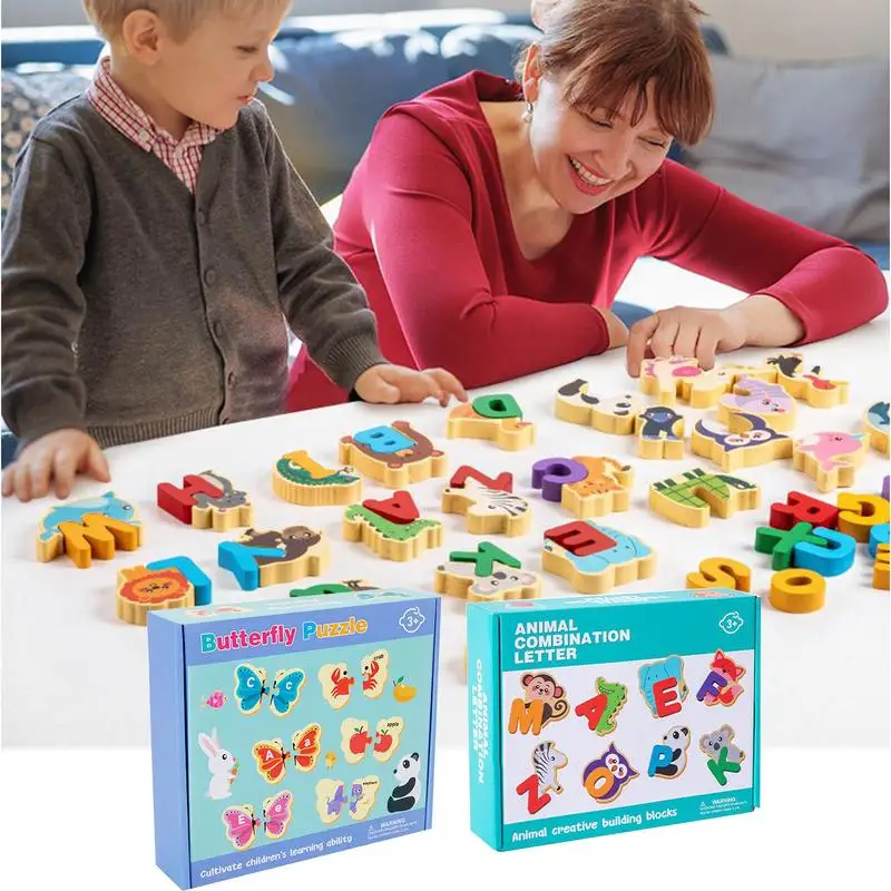 Alphabet Animal Puzzle Wood Animal Brain Teasers Toy Fine Motor Skills Learning Alphabet Puzzle For Kids 3 Years Kindergarten