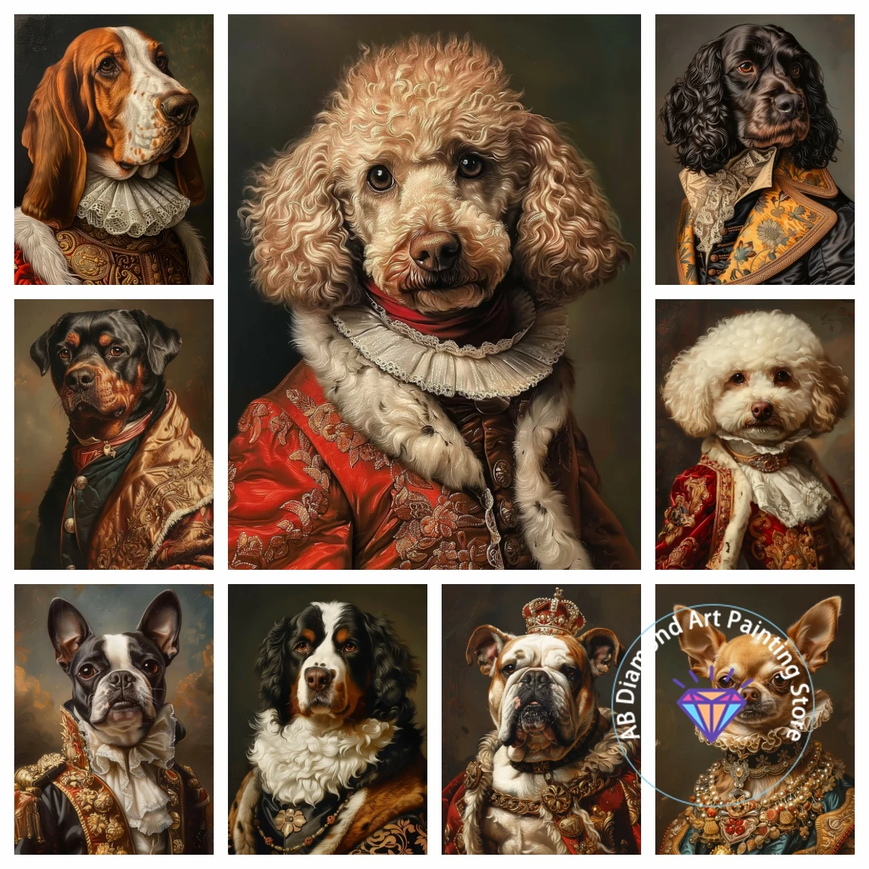 

French Bulldog Poodle Dogs Royal Portrait AB Diamond Painting Kit 5D DIY Diamond Embroidery Handmade Art Gift Home Decoration