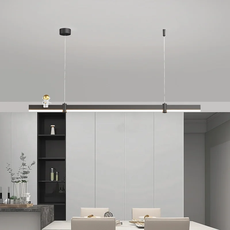 Nordic Ins Modern Minimalist Study Bar Long Strip Led Pendant Lights Word Minimalist Black Brushed Steel Restaurant Chandelier