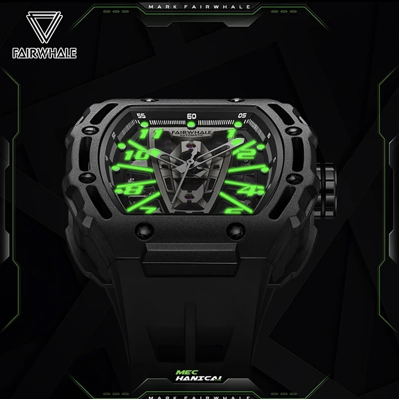 Relógios automáticos vintage oco masculino, Tonneau, relógio de pulso mecânico duplo, pulseira de silicone, nova moda