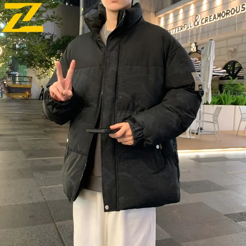 COMXZ Mens Stand Collar Puffer Jacket Warm Loose Fit Camouflage Patchwork Cotton-Padded Coat Thickened Waterproof Windproof