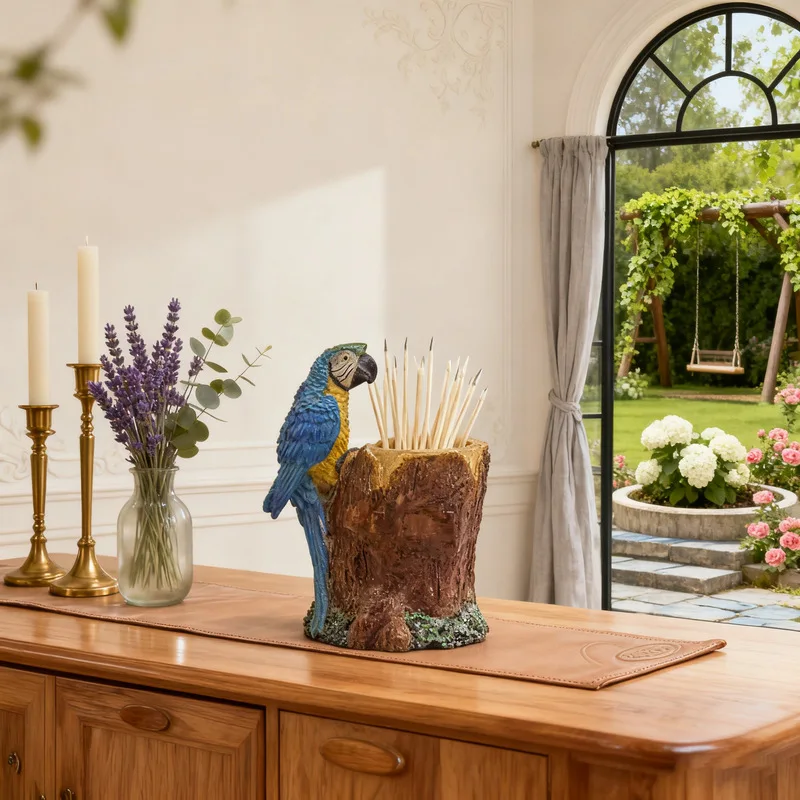 Resin Macaw Figurine, Creative Tree Stump Desktop Toothpick Holder Home Tabletop Decor Gift