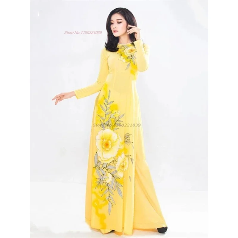 

2025 vietnam traditional dress aodai national dress+pants set flower print qipao oriental banquet party evening dress vestido