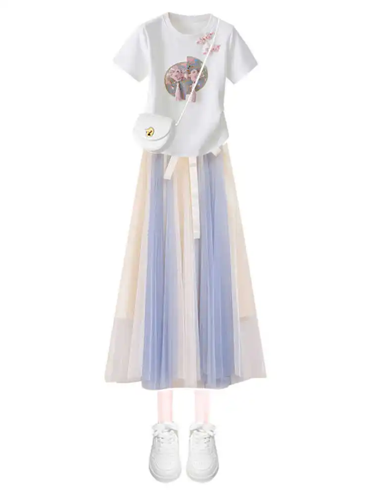 Tenue d'été blanc ort Sve t-shirt et jupe ensemble deux pièces nouveau chinois Sle femmes Faion taille haute jupe trapèze