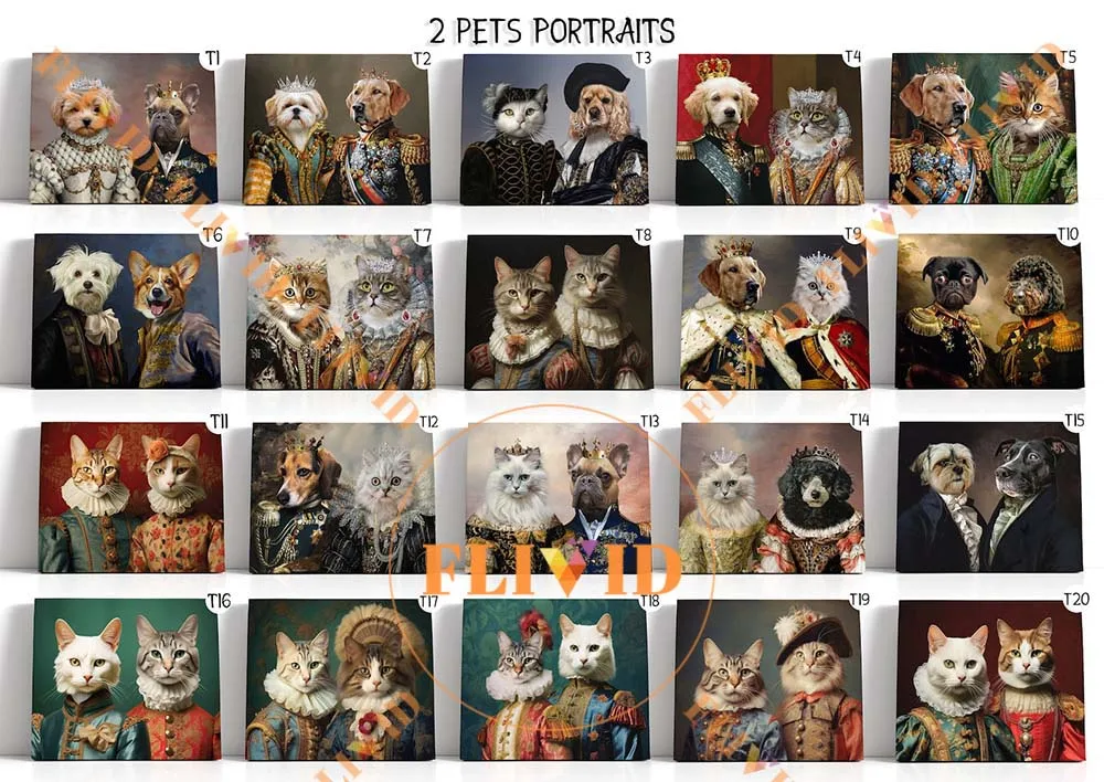 Custom 2 Cats Dogs Royal Animals Vintage Portrait Wall Pictures For Living Room Home Poster Wall Art Canvas Painting Unframed