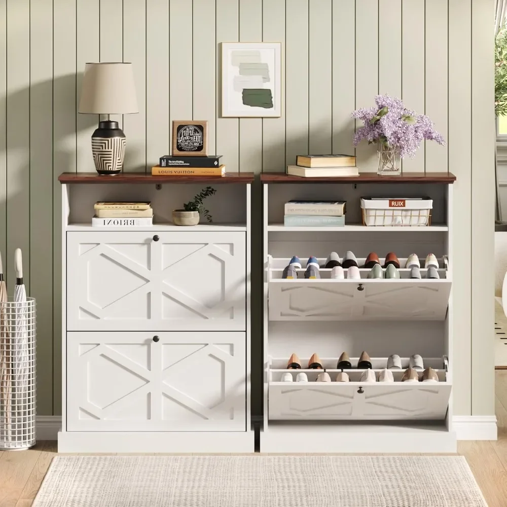 Shoe Storage Cabinet with 2 Flip Drawers,Shoe Cabinet with Open Storage,Hidden Shoe Storage Slim Storage Cabinet with Barn Door