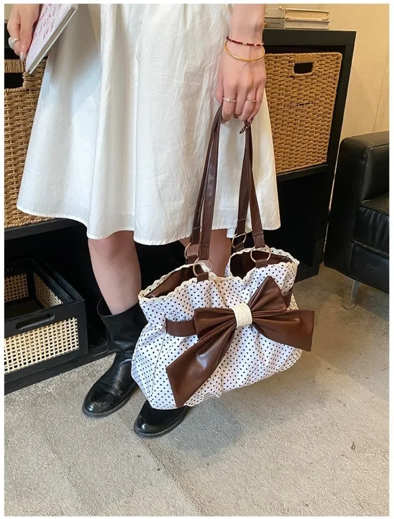 CEEKAY Damen-Tragetasche, weiß, gepunktet, aus Segeltuch, mit großer Schleife, Schultertasche, Reißverschluss, für den täglichen Weg zur Arbeit, lässige Mode – Detail 9