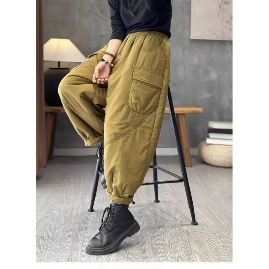 고급 여성용 겨울 면바지 신축성 있는 허리밴드 다용도 레트로 캐주얼 하란 팬츠 루즈핏 따뜻한 바지