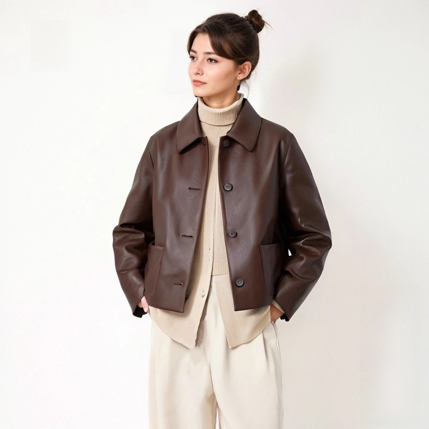 Casual Faion cuero Jaet mujer ort abrigo Casual Sle Stand Collar largo Sve Stand Fit Otoño Invierno nueva llegada