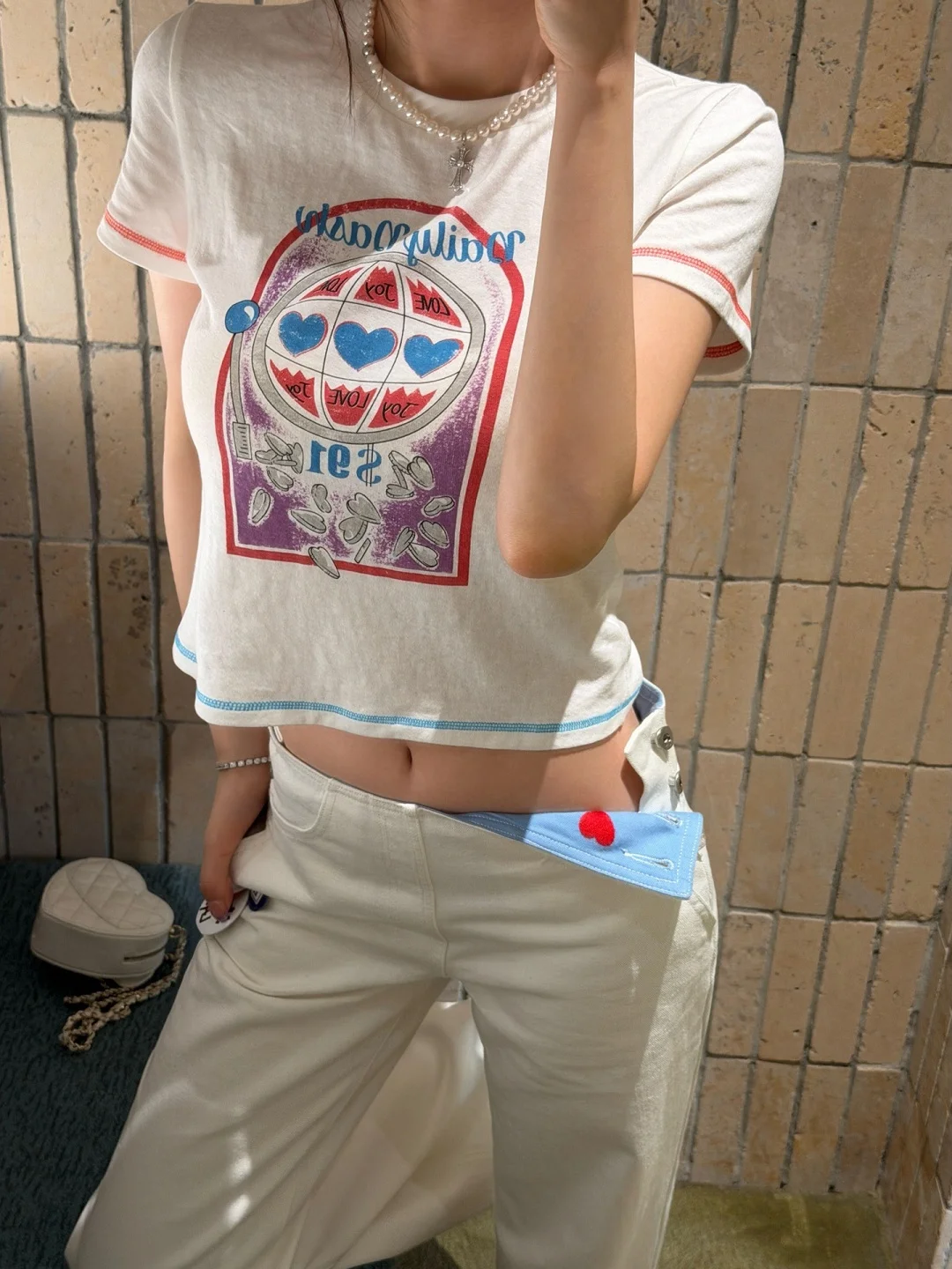American Retro Print Stitching Short Sleeve T-Shirt Women Summer New Slimming Sexy Girl Atmosphere Top Trendy Cotton Blend