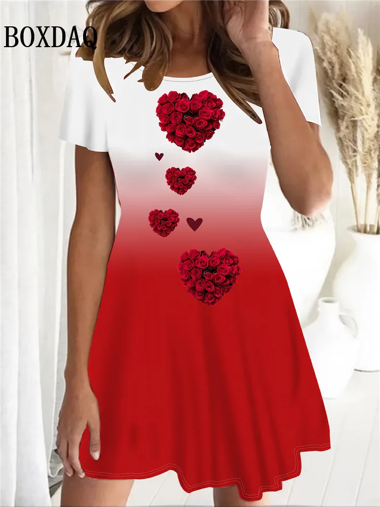 

2025 новые модные женские вечерние платья с градиентным сердечным узором и принтом, повседневное свободное мини-платье с круглым вырезом и короткими рукавами, летнее