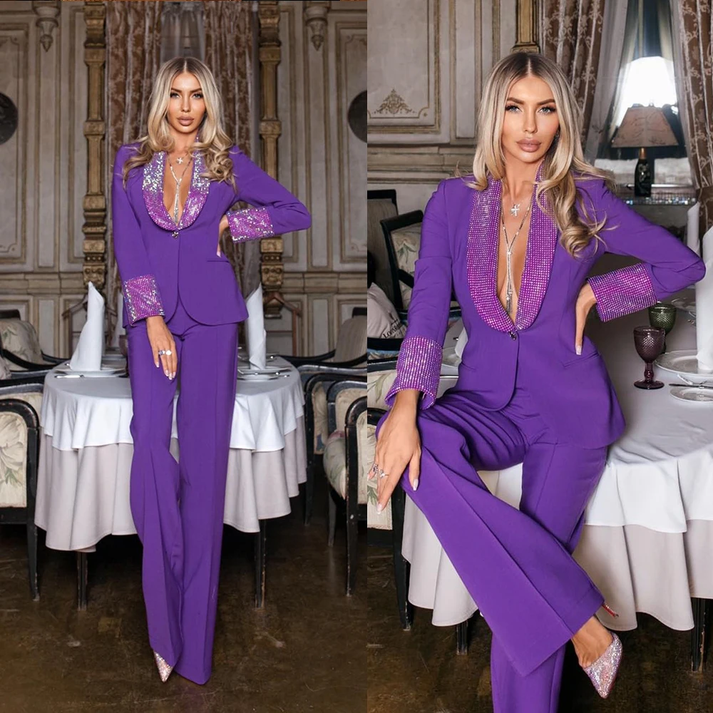 Purple Women Suits Set 2 Pieces Glitter Sequin Blazer Jacket+Pants One Button Formal Office Party Prom Dress