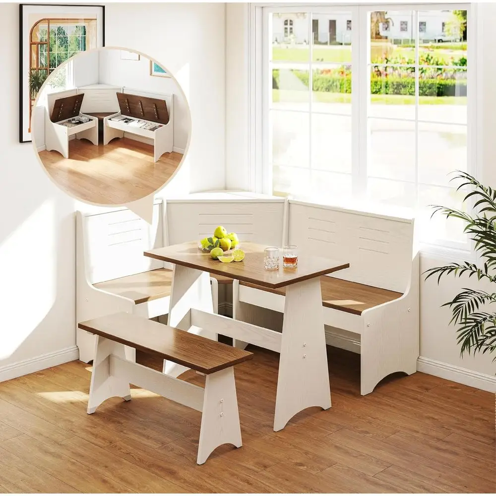 

Space-Saving L-Shape Kitchen Dining Set with Bench and Chairs, 3-5 Seater, Hidden Storage, White/Brown Wood