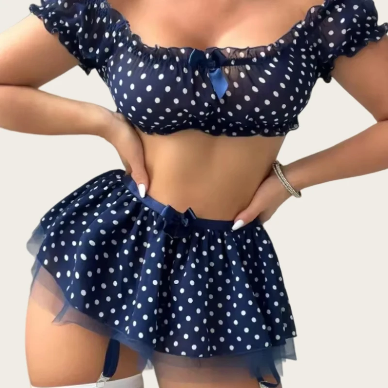 Women's Erotic Short Skirts with Garter Strap Sexy Lingerie Polka Dot Off Shoulder Puffy Skirt Polka Exotic Set Valentine Gifts