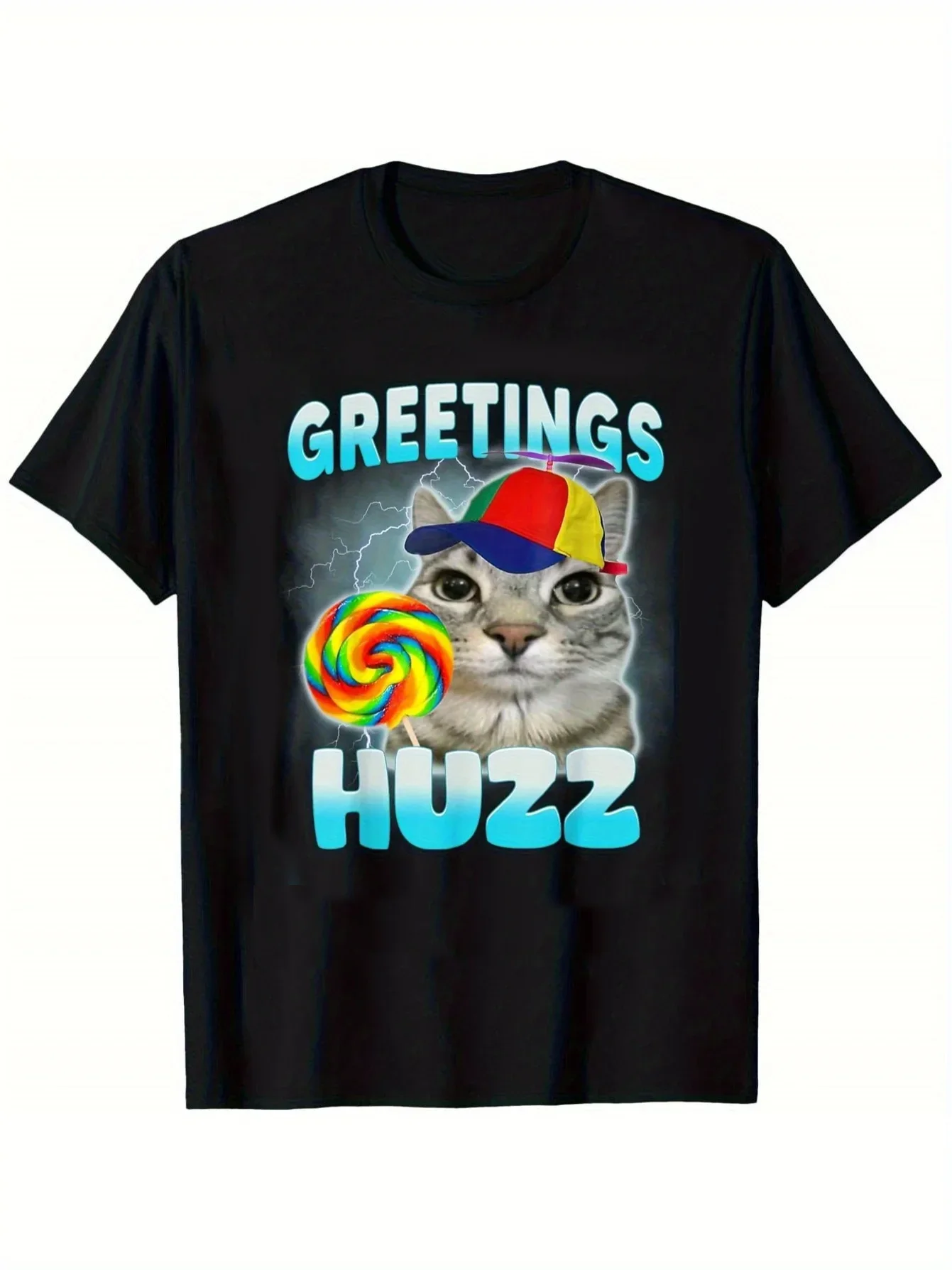 Greetings Huzz Fun Cat Meme T-Shirt Soft Breathable Crew Neck Tee with Rainbow Lollipop & Party Hat Design Women Clothing