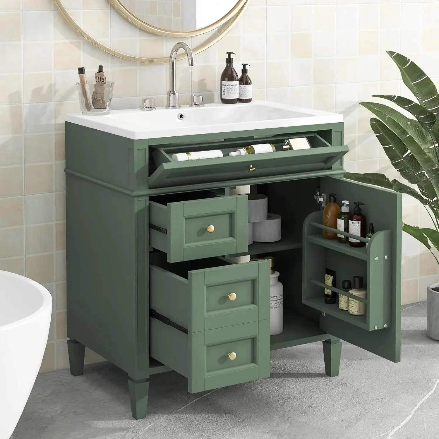 30'' Bathroom Vanity with Single Sink Combo, Modern Bathroom Storage Cabinet with 2 Drawers Solid Wood Frame Green