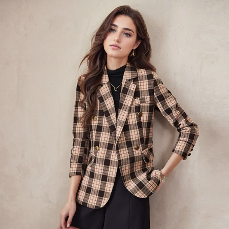 ZJYT Vintage Plaid Print Outerwears Woman 2024 New In Coats Blazers Feminino Jackets Large Size Elegant Lady Casaco Veste Femme