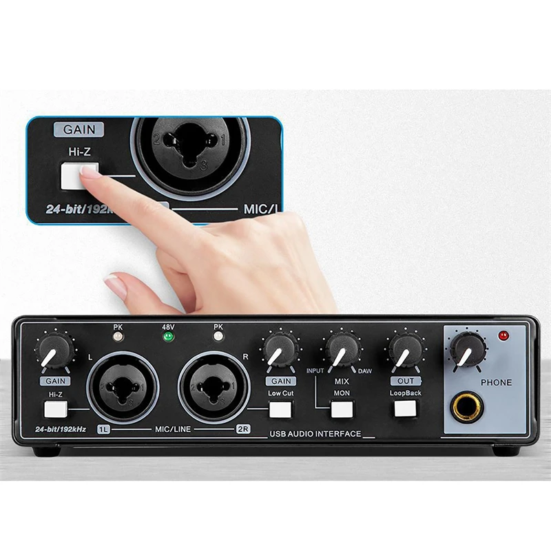 Audio Interface for Recording Portable Professional Sound Card with Loopback Monitor 48V Phantom for Audio Equipment Guitar