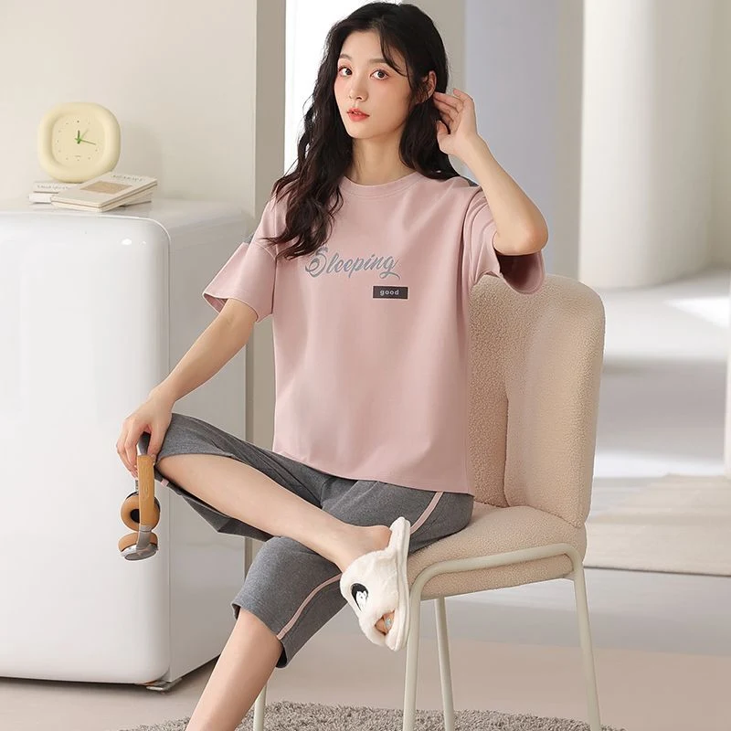 

Лето 2025 года, пижамные комплекты из 100% хлопка с короткими рукавами и длиной до икры для женщин, корейская свободная одежда для сна, костюм, пижама, домашняя одежда, домашняя одежда