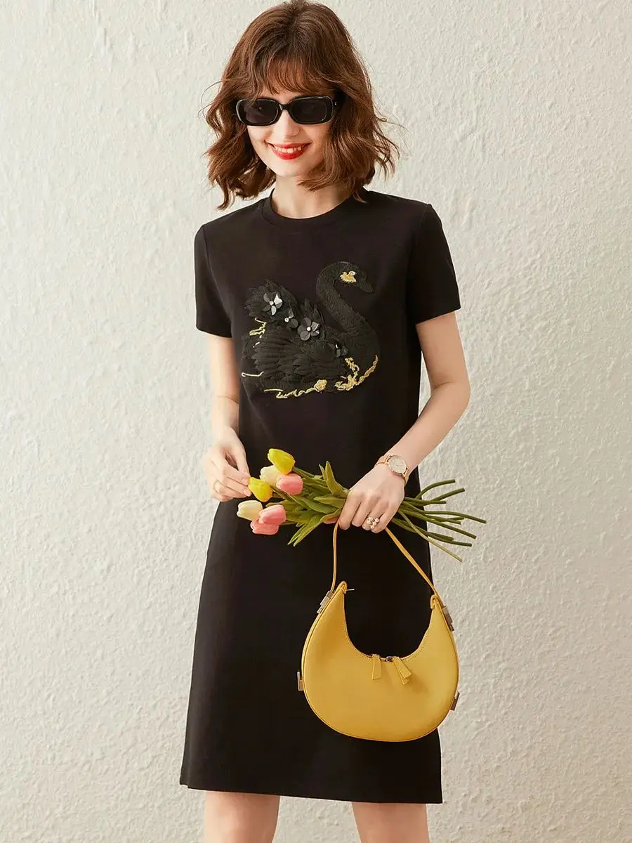 LOUIS YAO Women T-shirt Dress 3D Embroidery Swan Casual Straight Loose Fit Round Neck Short Sleeve Mid Length Dress