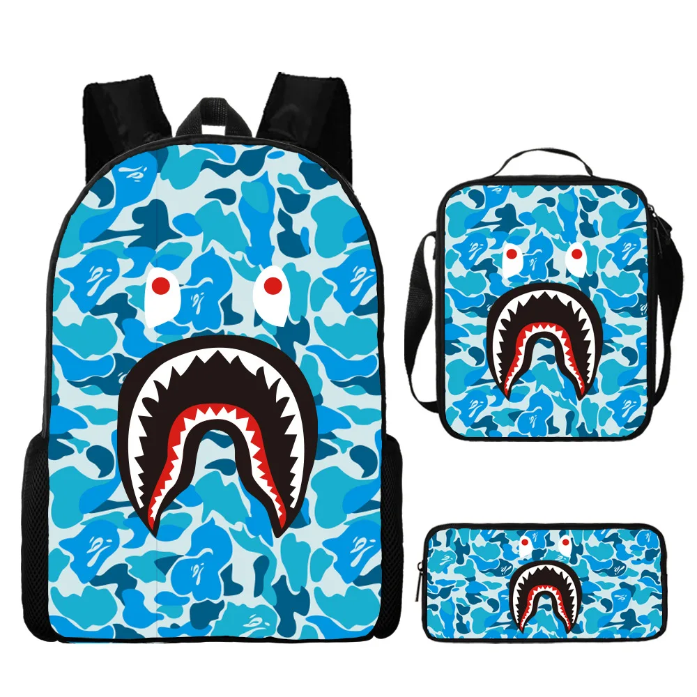 Camo Colored Shark Schoolbag Backpack Lunch Bag Pencil Case Set Gift for Kids Students