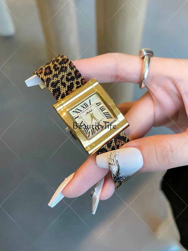 

Leopard print women's light luxury niche retro square dial casual quartz watch