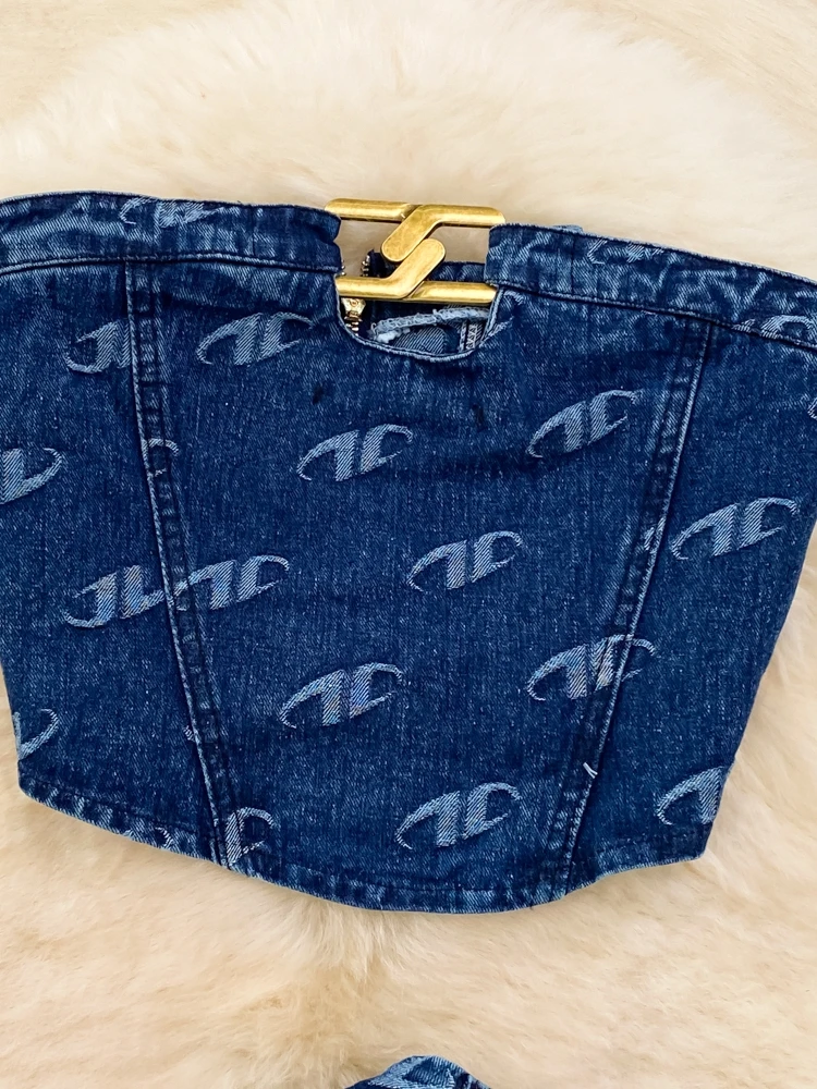 Women'S Fashion Suits Denim Sets Woman Outfits Retro Bra Denim Tank Top Two Piece Casual High Waist Slim Straight Trousers Sets