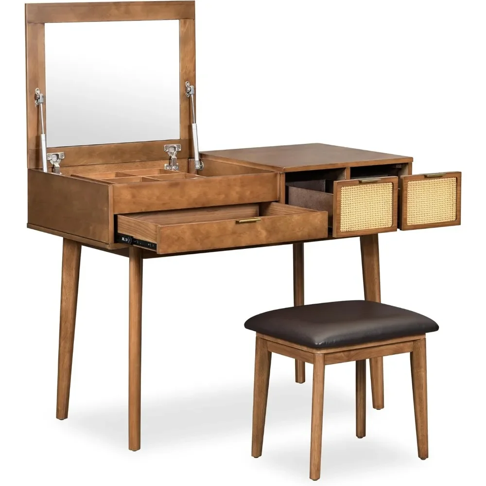 Vintage Makeup Vanity Desk Flip-top Mirror and Stool, Dressing Table Set Three Storage Drawers & Chair for Bedroom Furniture