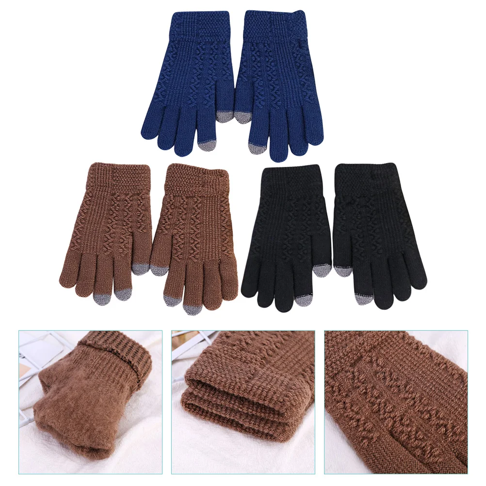 

3 Pairs Warm Touchscreen for Men Cold Weather Winter Acrylic Knit Black Mens Gloves With Fingers Outdoor Cycling Climbing Hiking