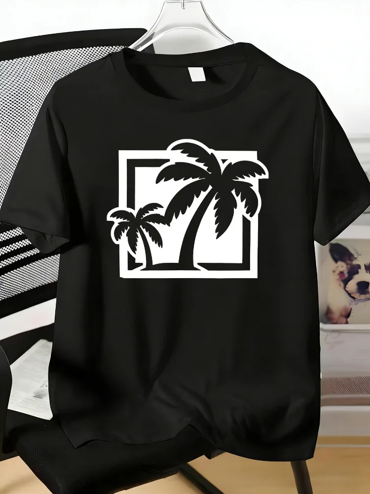 Camiseta Masculina de Verão com Gola Redonda, Estampa de Palmeira Dupla e Contorno Quadrado, Respirável, Vermelha, para Atividades ao Ar Livre, Surf, Casual, Básica, Manga Curta