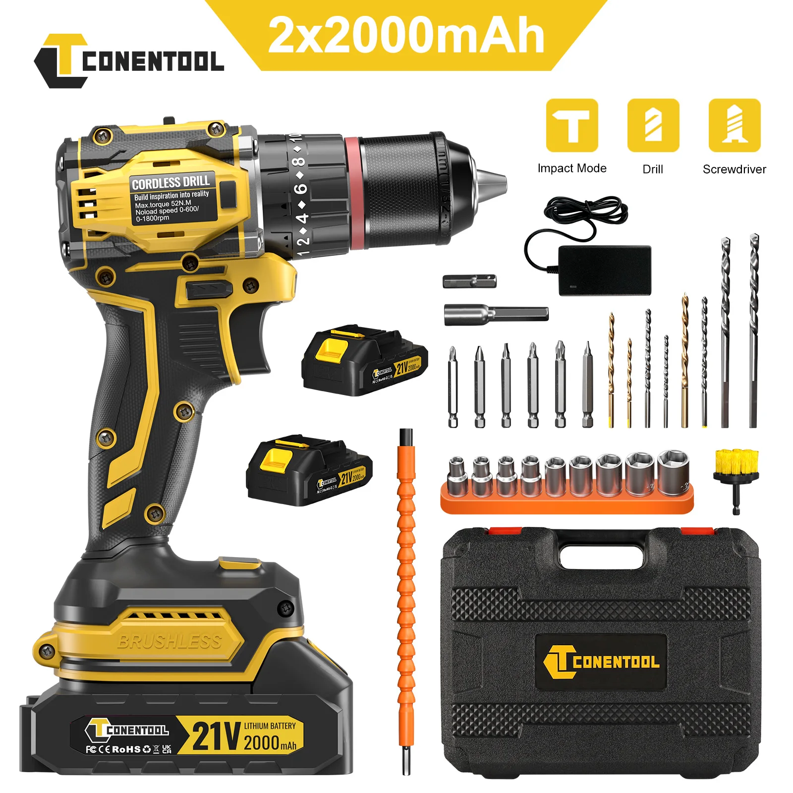 CONENTOOL 28+3 Drehmoment Elektrischer Bohrschrauber Bürstenloser kabelloser Akku-Bohrschrauber 2 Batterien Multifunktionales 27-teiliges Set