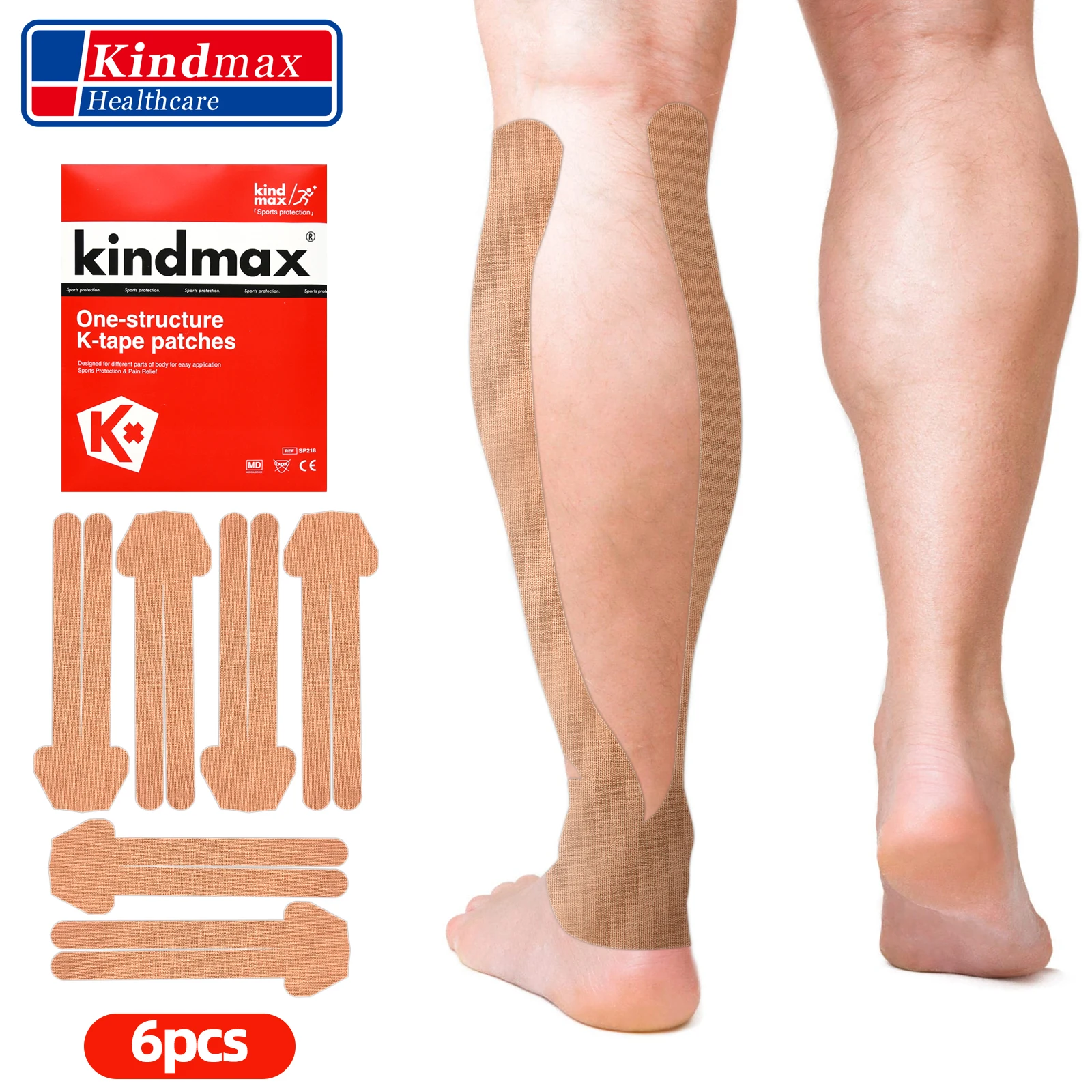 Kindmax Pre-Cut Kinesiology Tape 6 Pcs for Knee, Ankle, Sports Protection K-tape Patches, Preventing Injury and Pain Relief