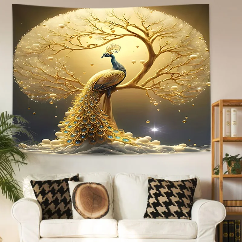 Golden Peacock Money Tree Tapestry Polyester Wall Hanging For Bedroom, Dorm Decor Includes Free Accessories Perfect Gift Idea