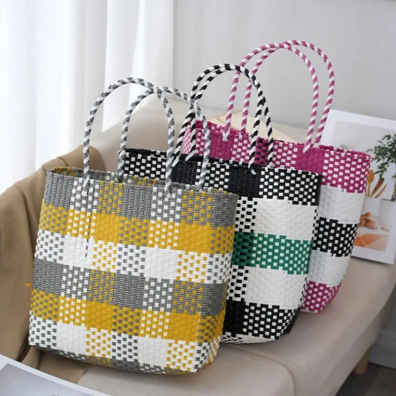 

Casual Basket PE Straw Top Handle Bags Fashion Tote Bags for Women Handmade Holiday Beach Bag Ladies Woven Square Hand Bags