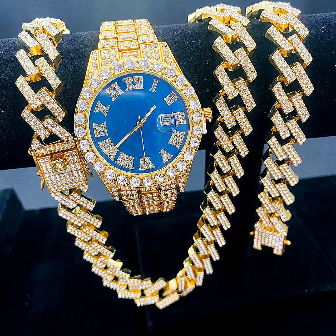 Hip Hop Men Chain 15mm Miami Cuban Chain Iced Out Paved Rhinestones CZ Bling Rapper Gold Necklace Watch Bracelet Jewelry for Men