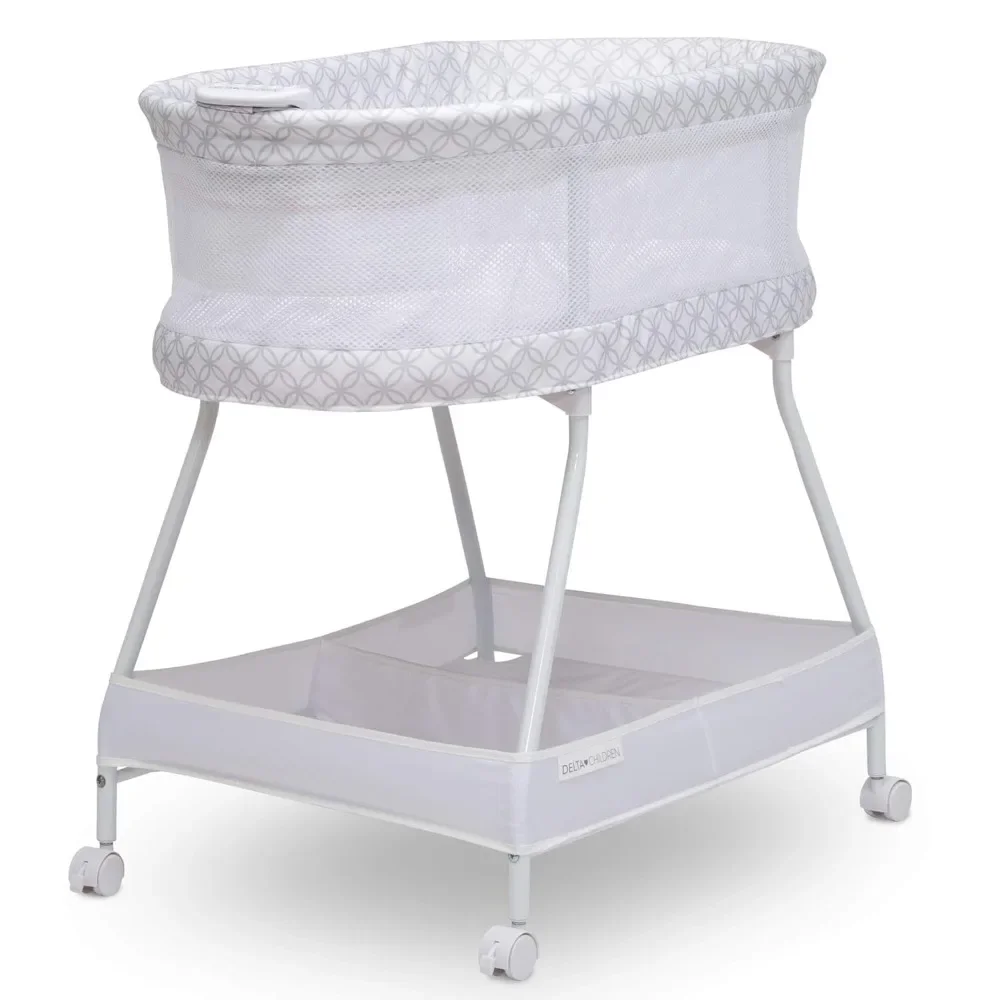 Bassinet mimpi manis dengan aliran udara jaring boks bayi portabel samping tempat tidur dengan lampu getaran dan musik, abu-abu tak terbatas