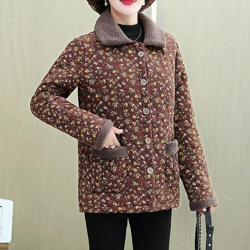 Middle Aged Elderly Women's Clothing Winter Fashion Printed Fleece Thick Warm Coat Casual Long Sleeve Loose Button Cotton Jacket