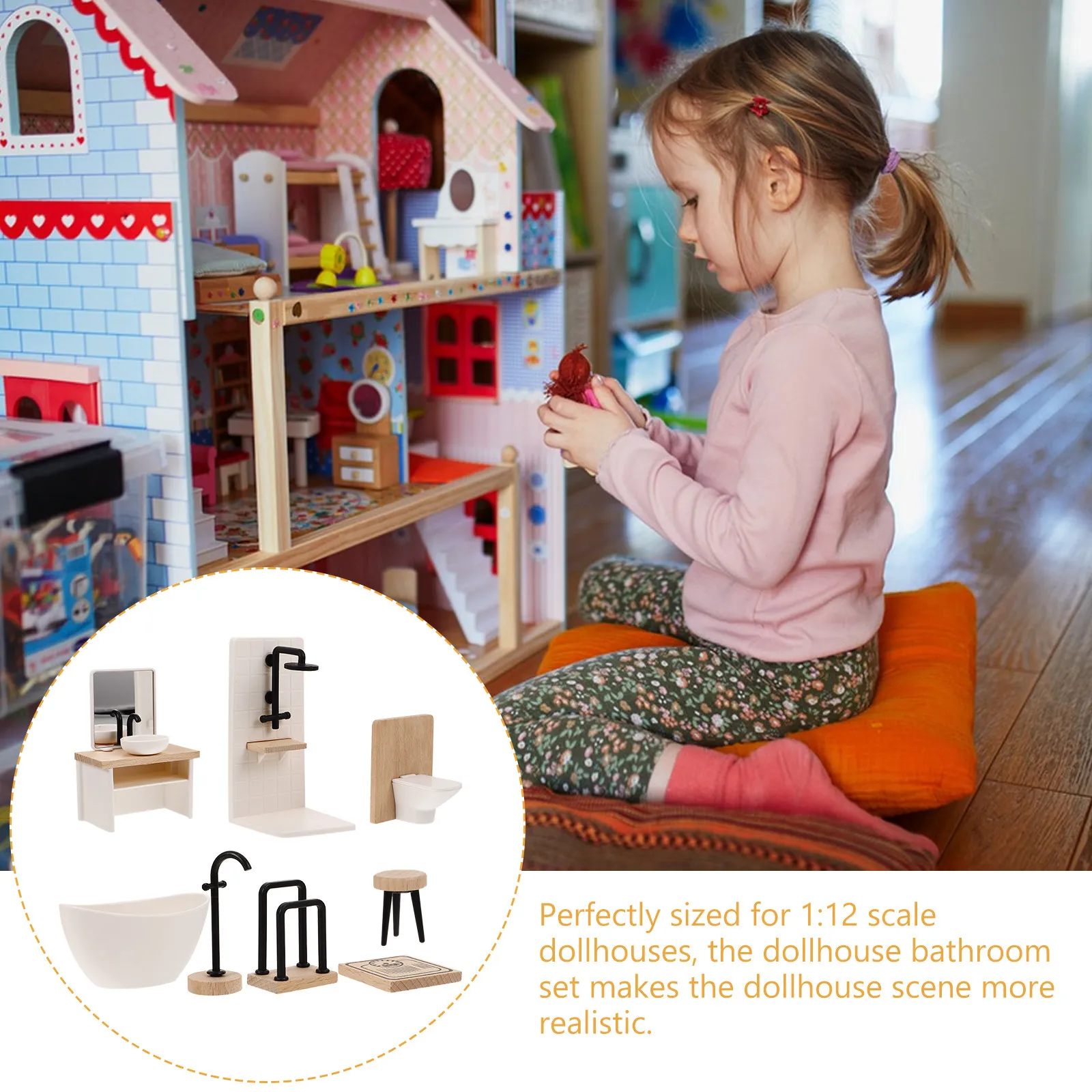 

1 Set Dollhouse Miniature Bathroom Set with Washbasin Tub Toilet Model Furniture Accessories for House Decor Kids Toys