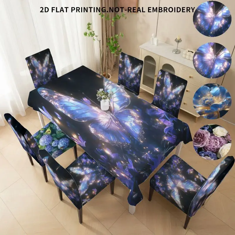Elastic dining chair cover bow chair cover tablecloth, hydrangea rose butterfly modern style 2D flat pattern