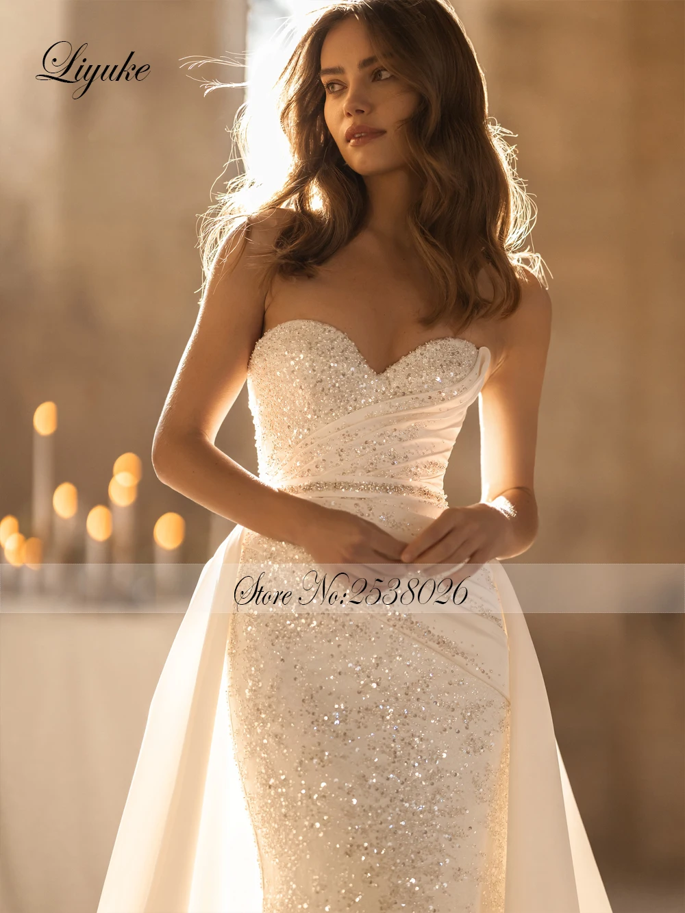 Liyuke Mesmerizing Mermaid Wedding Dresses Shimmering Sequins Lace Intricate Beadwork Ruched Pleats 2 In 1 Bride Gowns