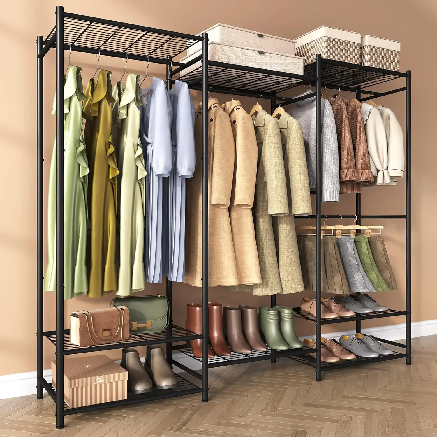 Wardrobe Closet, Heavy Duty Wardrobe, Freestanding Clothes Rack, Metal Garment Rack, Clothes Rack with 4 Clothes Rods and Adjust