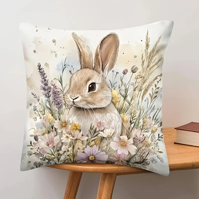 1PC Easter Bunny & Spring Floral Pillow Cover, for Living Room & Bedroom Decor (Pillow Insert Not Included)