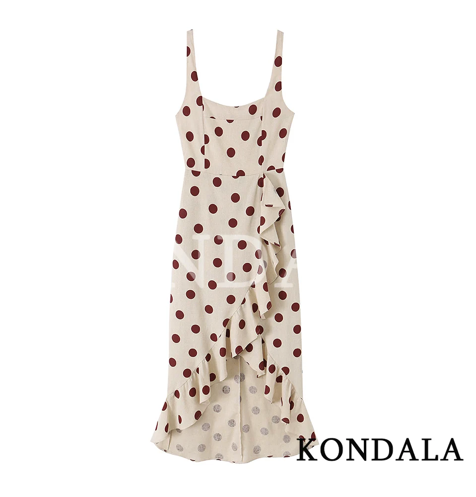 KONDALA Damen Schickes Polka-Dot Midikleid Neu 2026 Sommer Trendiges Kleid mit Unregelmäßigem Saum Damen High-Street Urlaubs-Trägerkleid