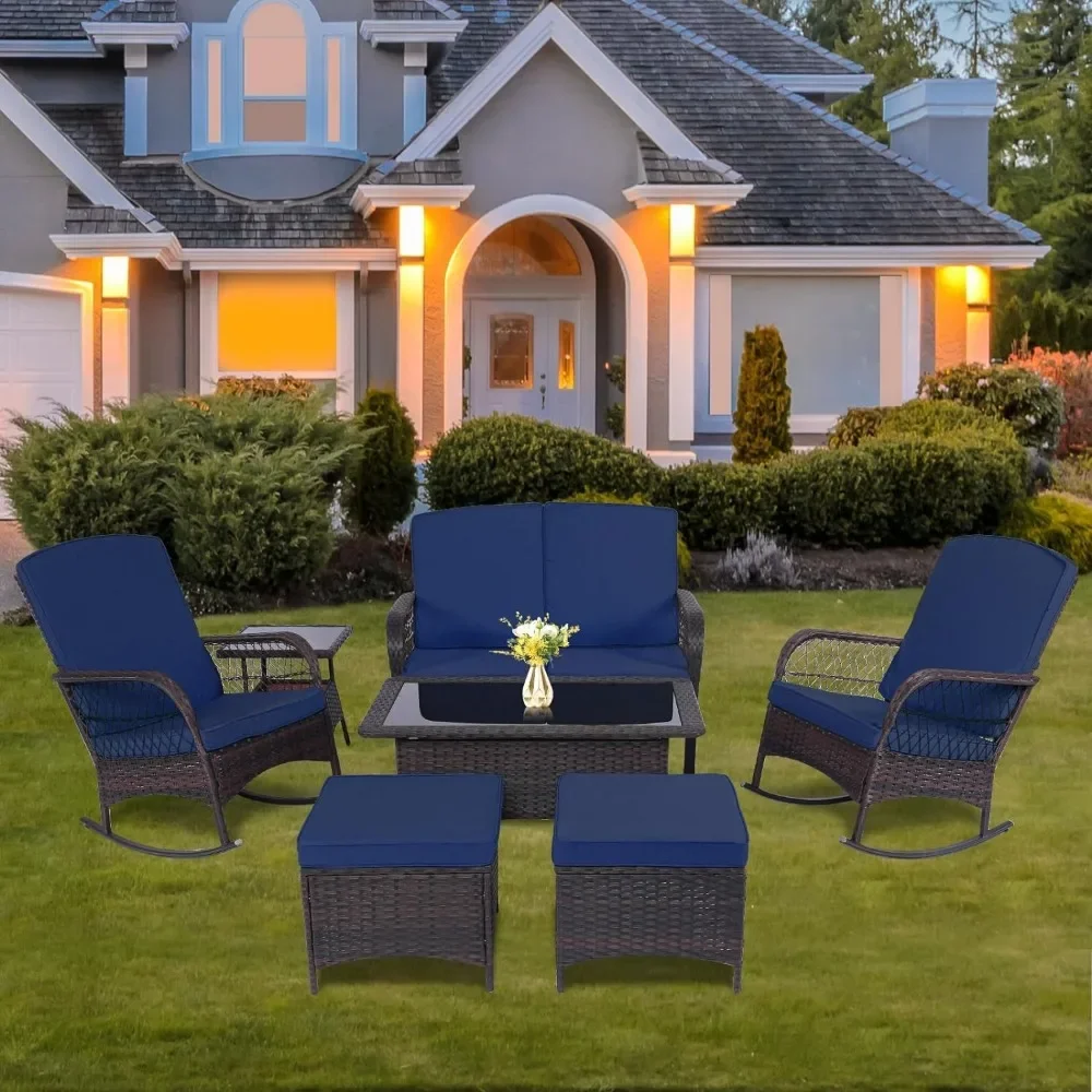 

Patio Furniture Outdoor Rattan Chair Wicker Sofa Garden Conversation Sets w/Loveseat for Yard,Pool(7PC-2 Rocking Chair+Table）