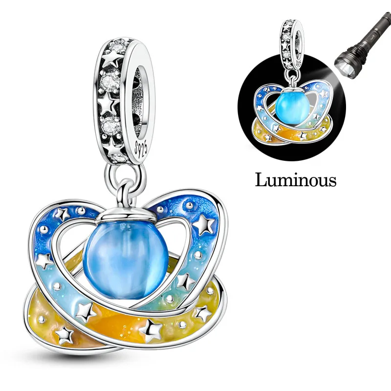 

925 Sterling Silver Luminous And Colorful Planet Charms Pendant For Women Fit Original Bracelet DIY Birthday Party Jewelry Gift