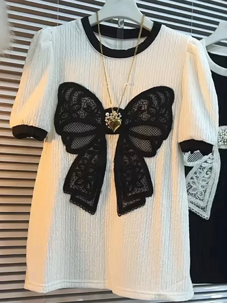 

Cotton Short Sleeve T-shirt Women's Summer Beaded Embroidery Flower Tidal Round Neck Top Large Women's T-shirt V1501
